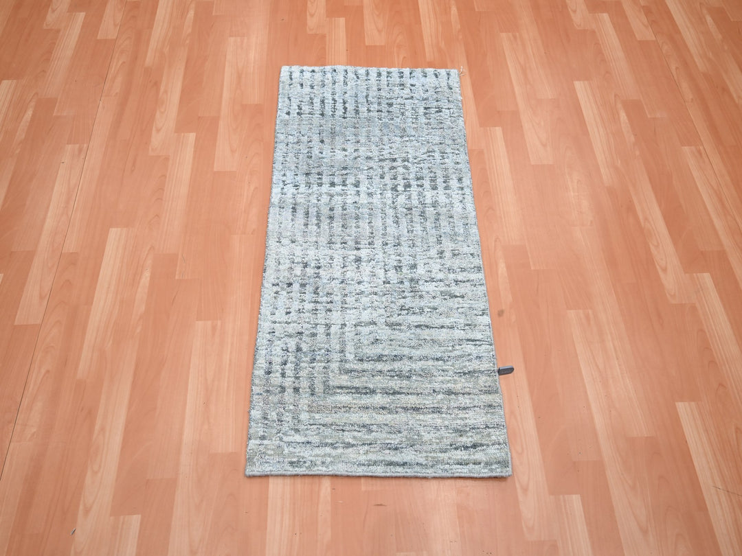 2'0" x 4'0" New Hand Knotted Grey Wool & Pure Silk Rectangle Oriental Rug - MOA10275511