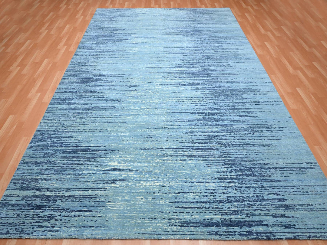 9'0" x 12'3" New Hand Knotted Blue Wool Rectangle Oriental Rug - MOA10275518