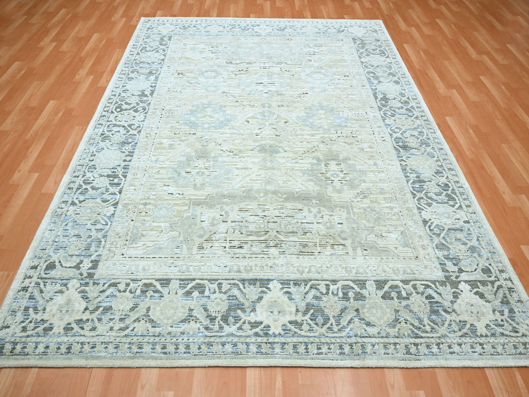 8'0" x 9'10" New Hand Knotted Grey Wool & Silk Rectangle Oriental Rug - MOA10275523