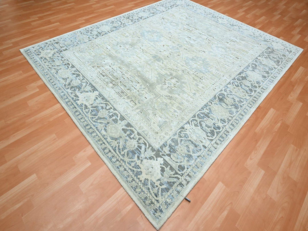 8'0" x 9'10" New Hand Knotted Grey Wool & Silk Rectangle Oriental Rug - MOA10275523