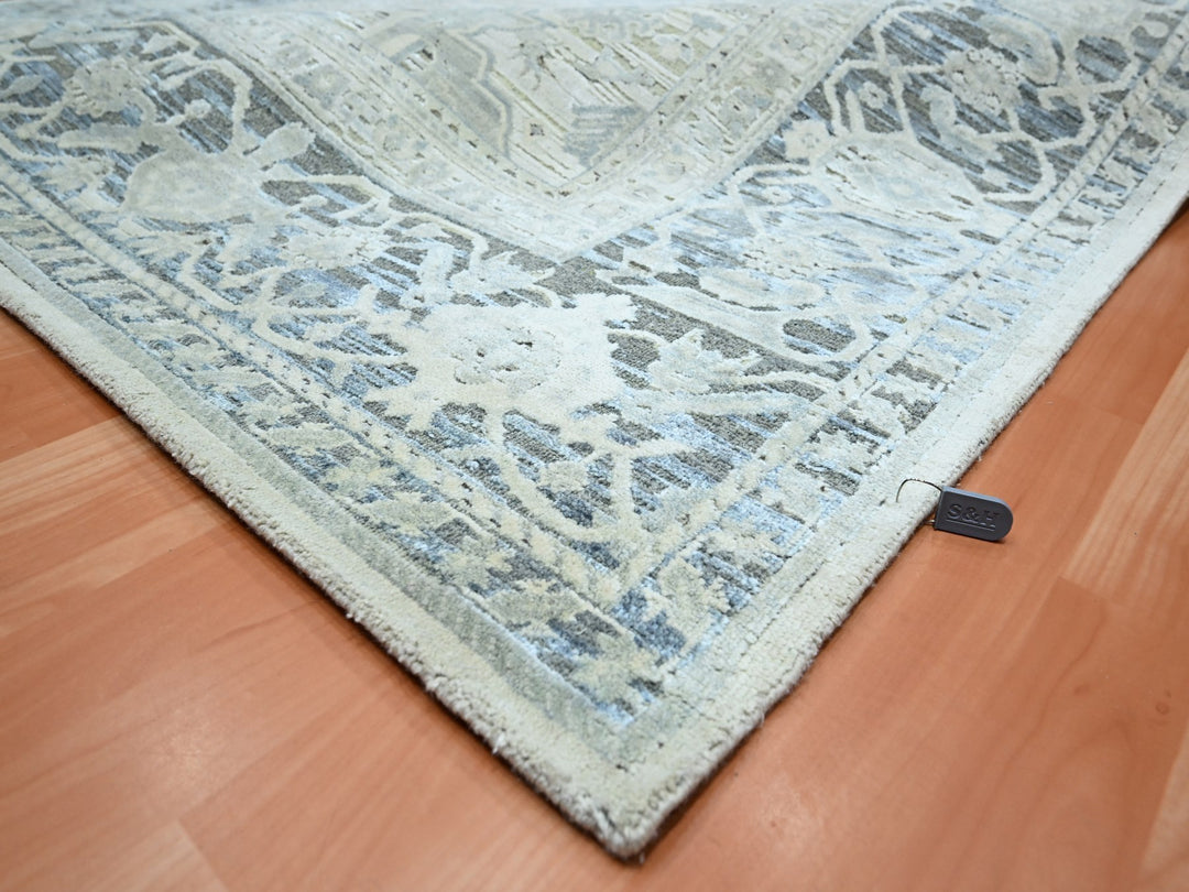 8'0" x 9'10" New Hand Knotted Grey Wool & Silk Rectangle Oriental Rug - MOA10275523