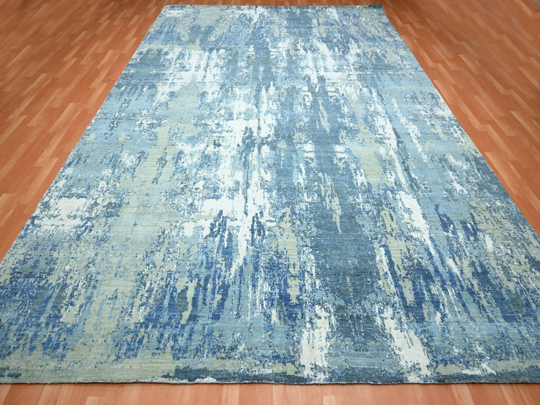 10'1" x 14'2" New Hand Knotted Blue Wool & Silk Rectangle Oriental Rug - MOA10275530