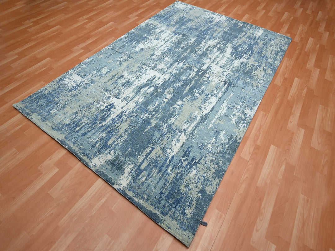 6'0" x 9'2" New Hand Knotted Blue Wool & Silk Rectangle Oriental Rug - MOA10275534