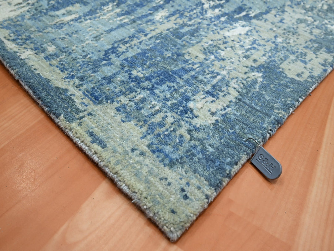6'0" x 9'2" New Hand Knotted Blue Wool & Silk Rectangle Oriental Rug - MOA10275534