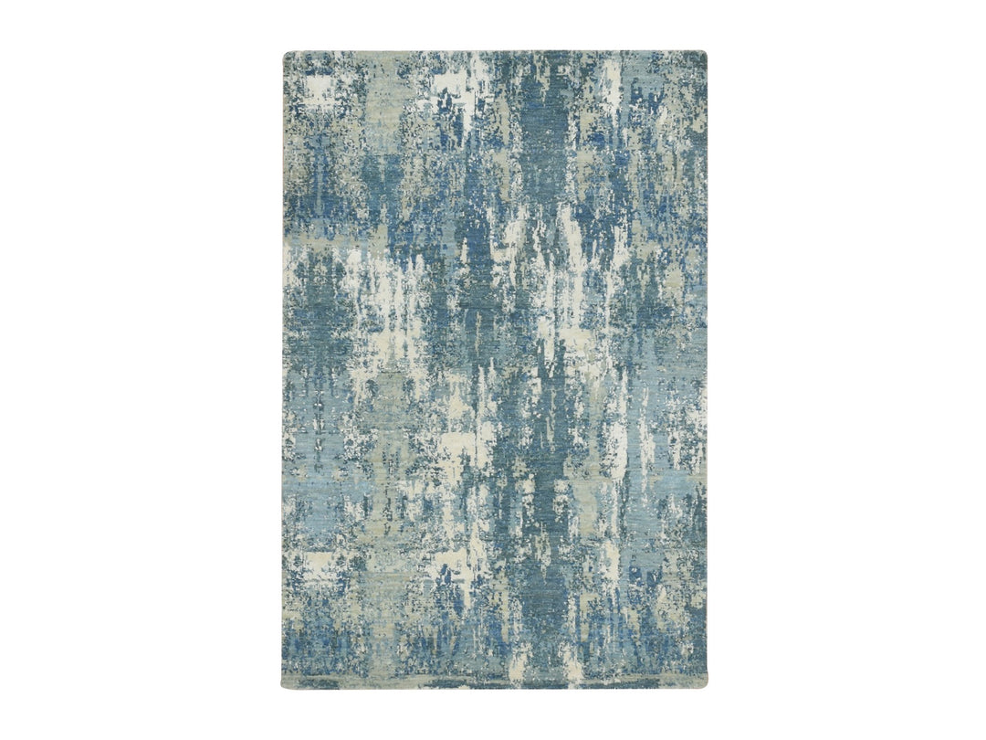 4'1" x 6'2" New Hand Knotted Blue Wool & Silk Rectangle Oriental Rug - MOA10275535