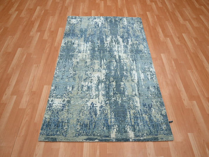 4'1" x 6'2" New Hand Knotted Blue Wool & Silk Rectangle Oriental Rug - MOA10275535