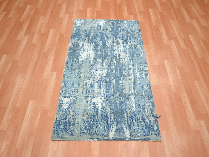 3'2" x 5'2" New Hand Knotted Blue Wool & Silk Rectangle Oriental Rug - MOA10275536