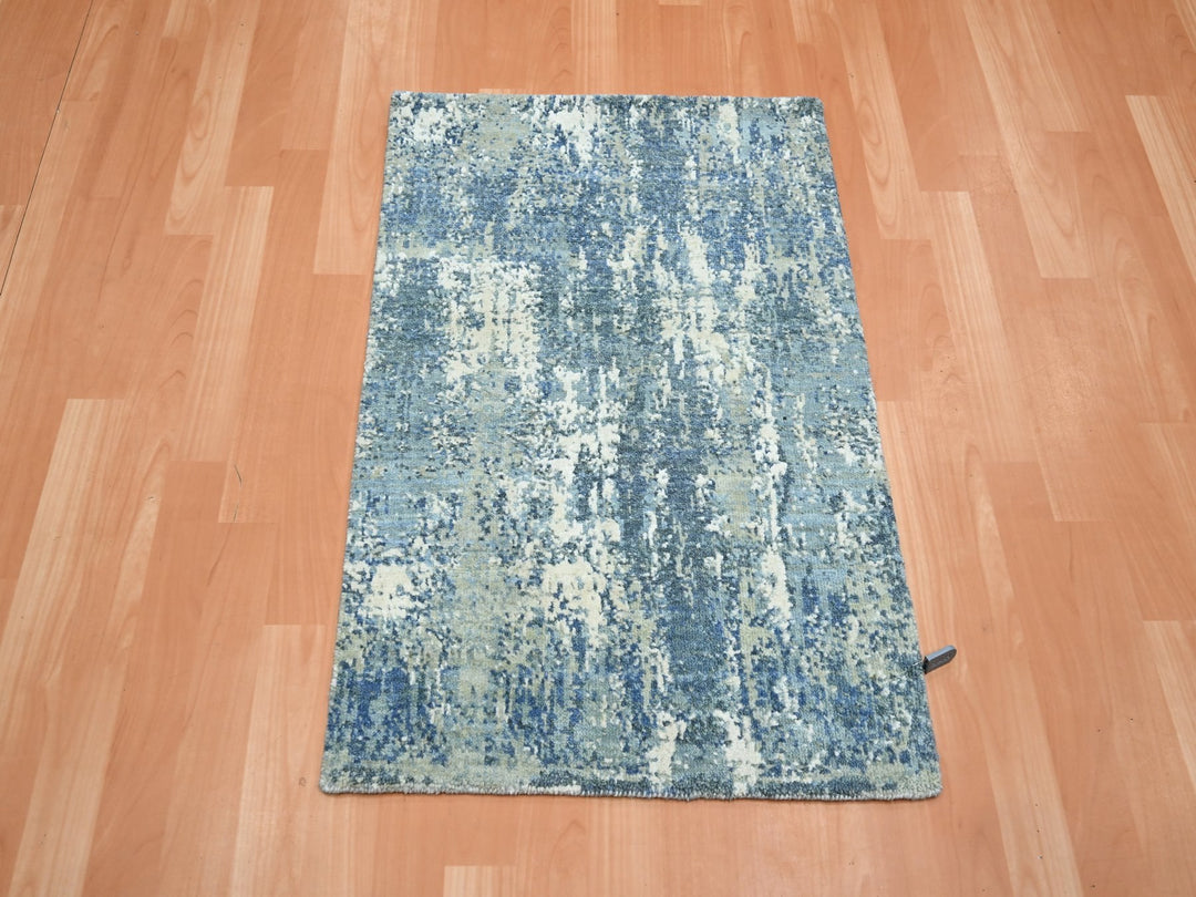 2'1" x 3'0" New Hand Knotted Blue Wool & Silk Rectangle Oriental Rug - MOA10275538
