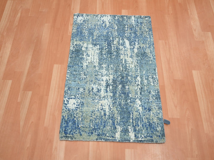 2'1" x 3'0" New Hand Knotted Blue Wool & Silk Rectangle Oriental Rug - MOA10275540