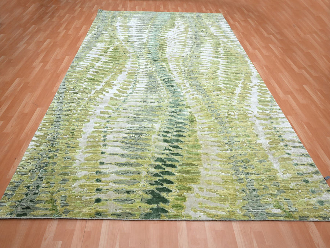 9'0" x 12'2" New Hand Knotted Green Silk Rectangle Oriental Rug - MOA10275551