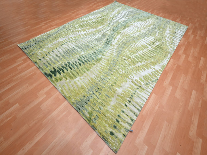 9'0" x 12'2" New Hand Knotted Green Silk Rectangle Oriental Rug - MOA10275551