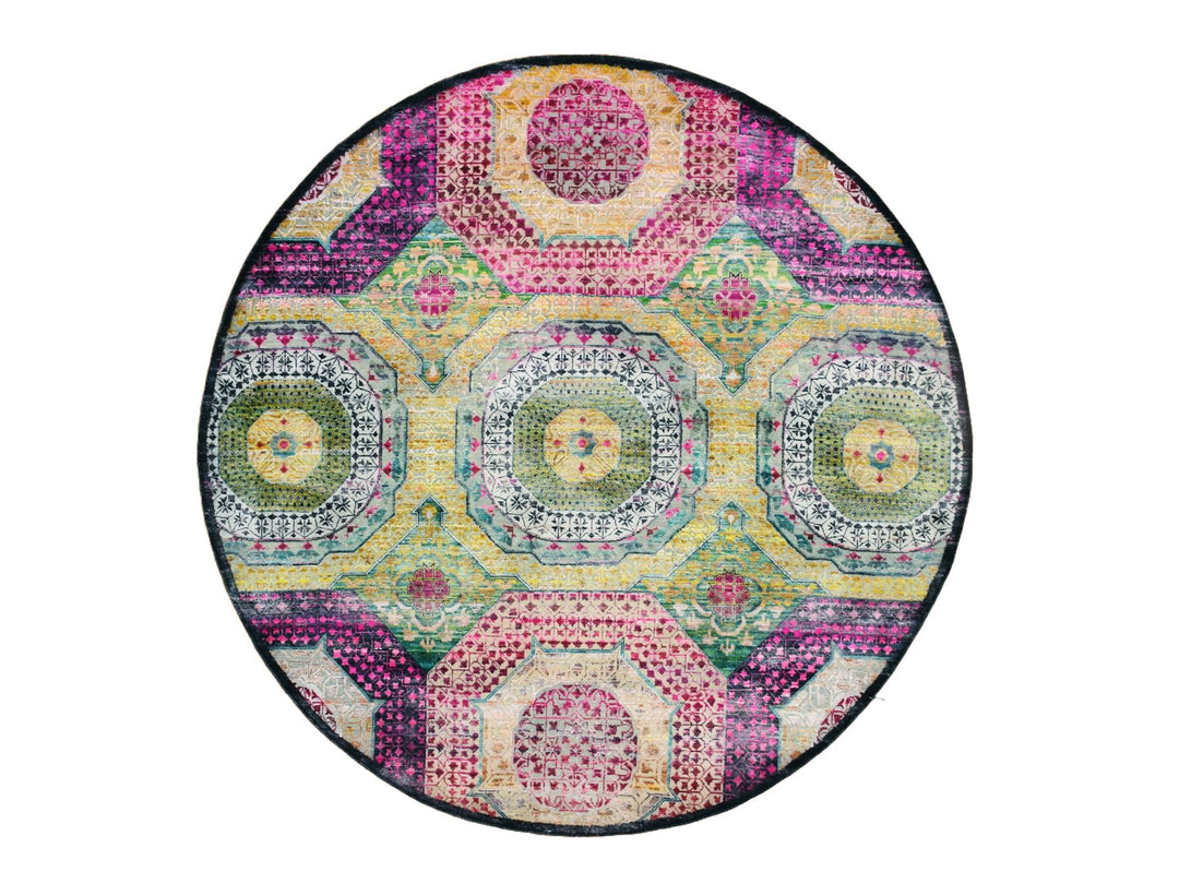 8'0" x 8'1" New Hand Knotted Yellow Wool & Silk Round Oriental Rug - MOA10275552