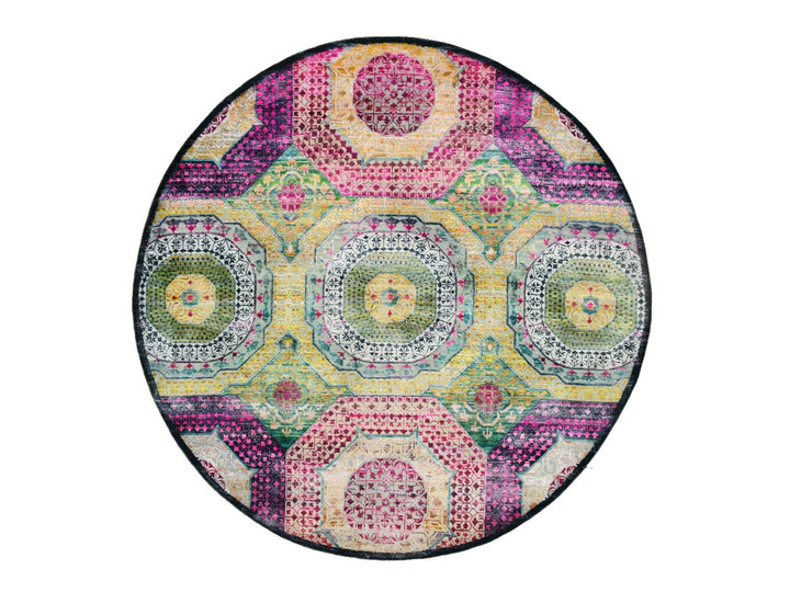 8'0" x 8'1" New Hand Knotted Yellow Wool & Silk Round Oriental Rug - MOA10275552