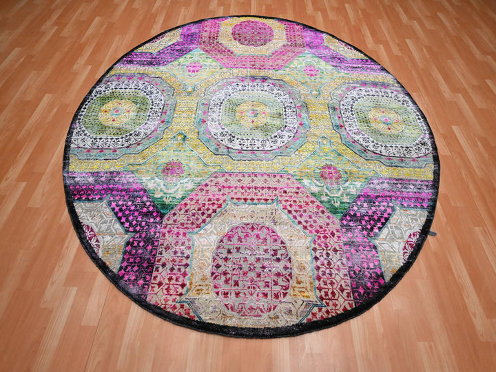 8'0" x 8'1" New Hand Knotted Yellow Wool & Silk Round Oriental Rug - MOA10275552