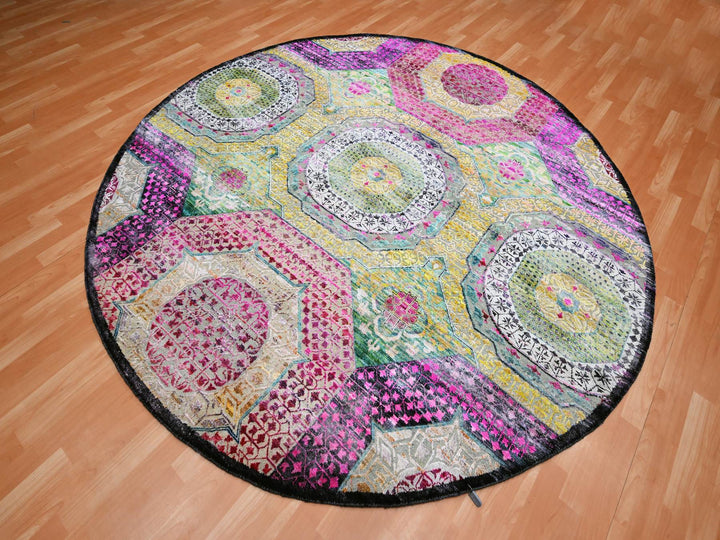 8'0" x 8'1" New Hand Knotted Yellow Wool & Silk Round Oriental Rug - MOA10275552