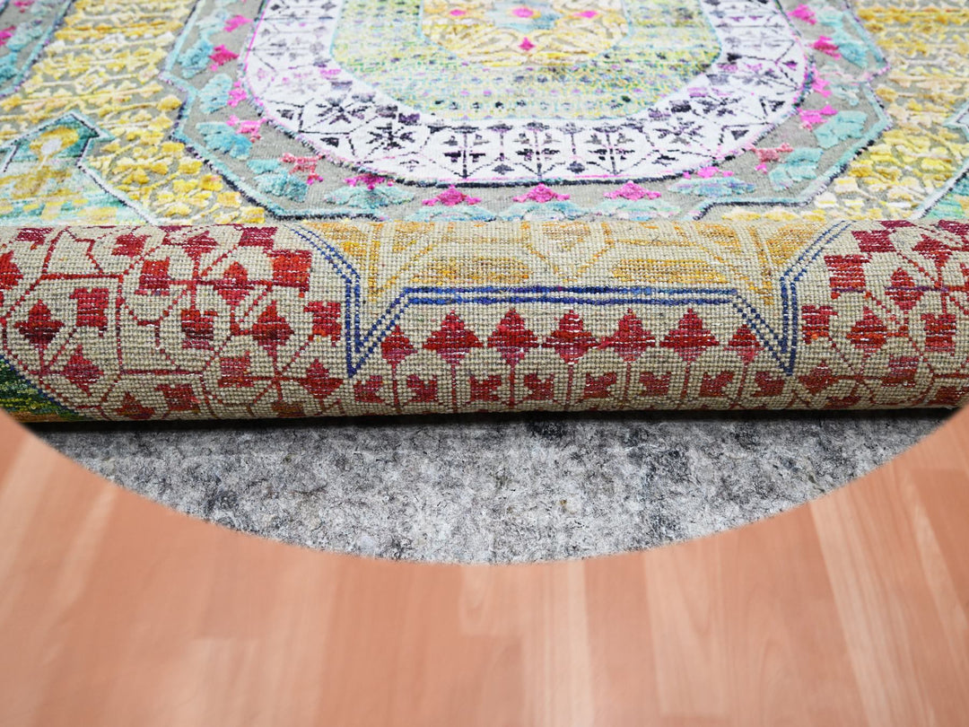 8'0" x 8'1" New Hand Knotted Yellow Wool & Silk Round Oriental Rug - MOA10275552