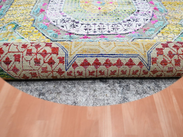 8'0" x 8'1" New Hand Knotted Yellow Wool & Silk Round Oriental Rug - MOA10275552