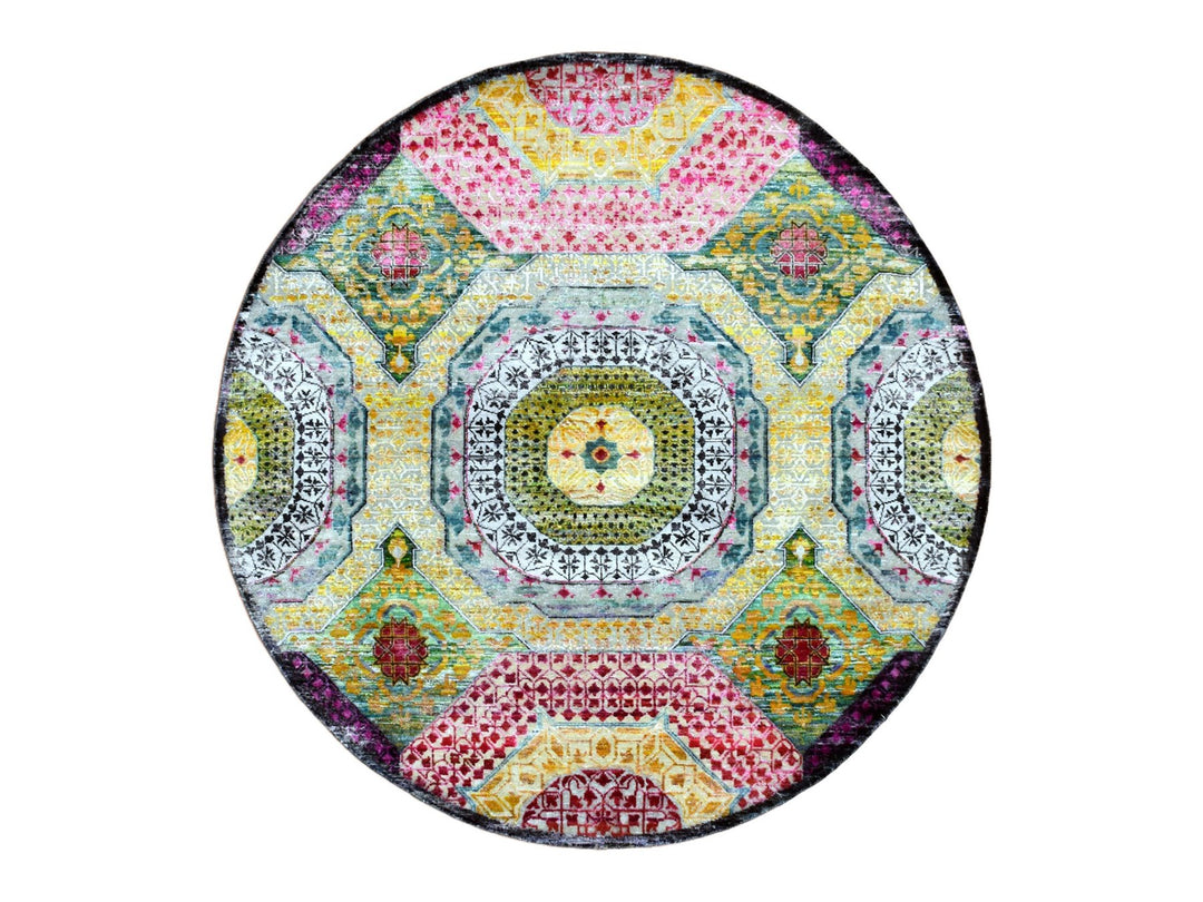 6'0" x 6'1" New Hand Knotted Yellow Wool & Silk Round Oriental Rug - MOA10275553