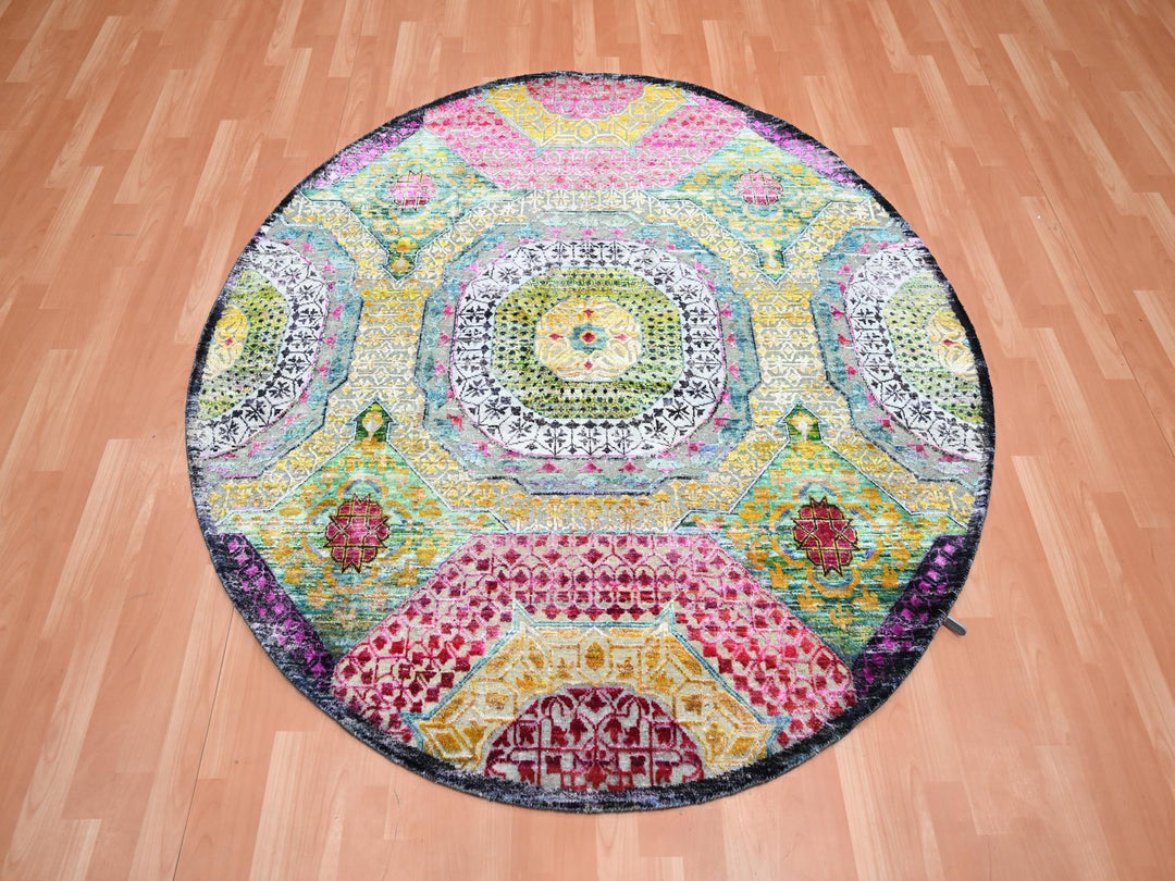 6'0" x 6'1" New Hand Knotted Yellow Wool & Silk Round Oriental Rug - MOA10275553