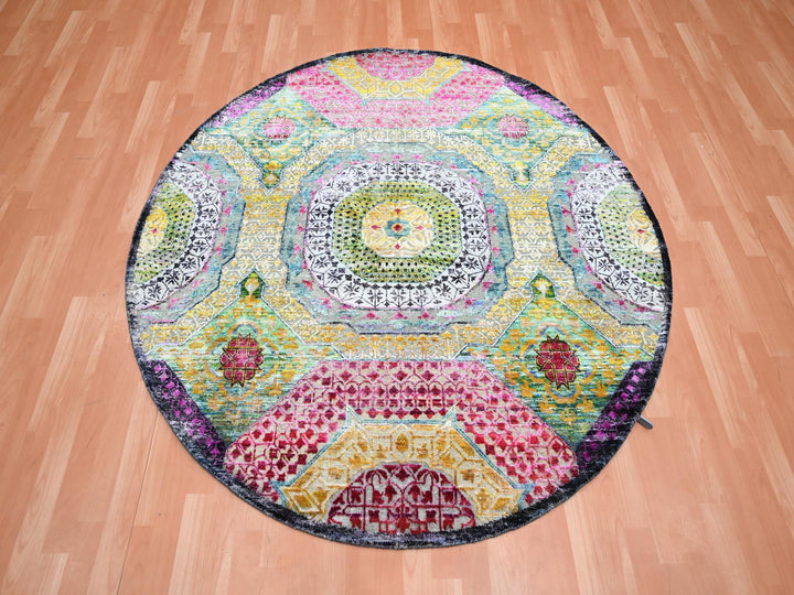 6'0" x 6'1" New Hand Knotted Yellow Wool & Silk Round Oriental Rug - MOA10275553