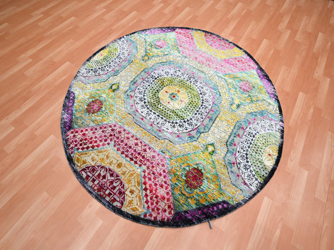 6'0" x 6'1" New Hand Knotted Yellow Wool & Silk Round Oriental Rug - MOA10275553