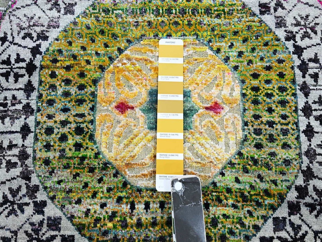 6'0" x 6'1" New Hand Knotted Yellow Wool & Silk Round Oriental Rug - MOA10275553