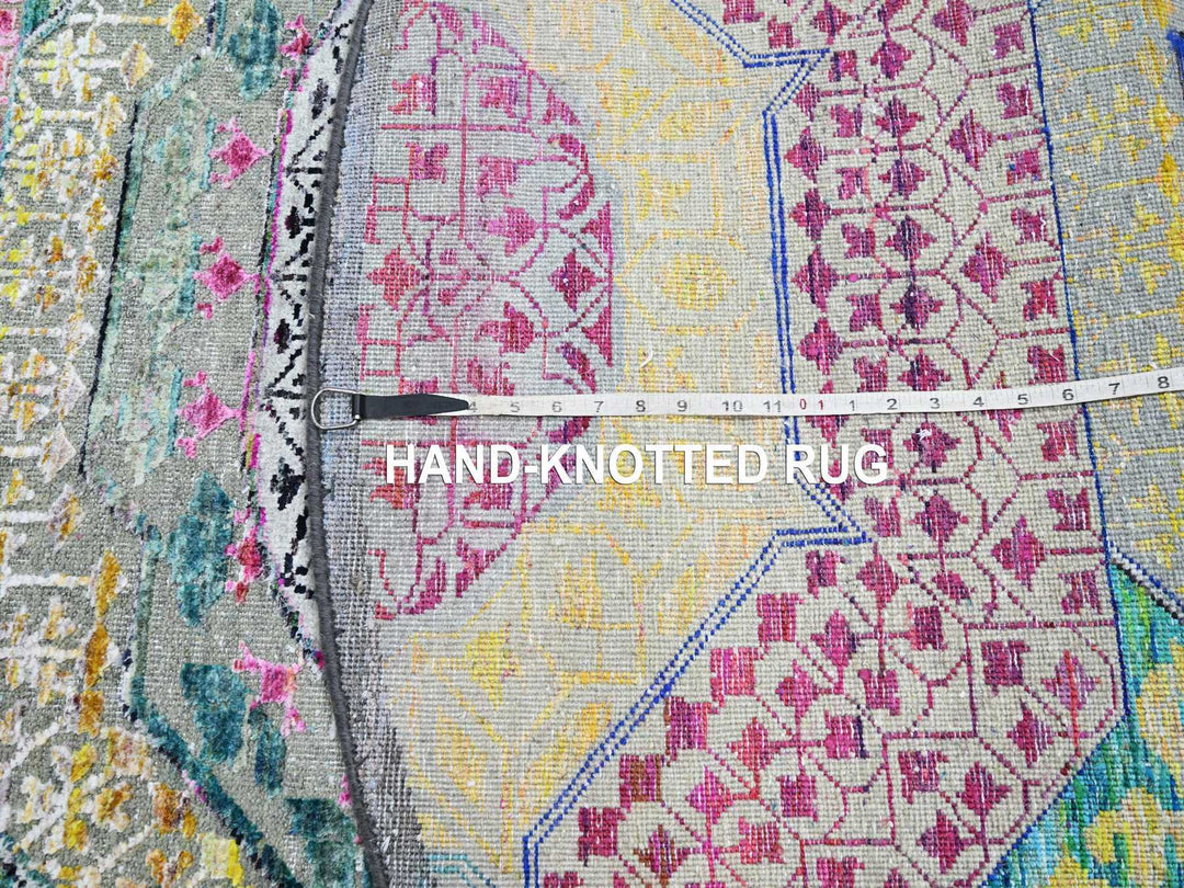 6'0" x 6'1" New Hand Knotted Yellow Wool & Silk Round Oriental Rug - MOA10275553