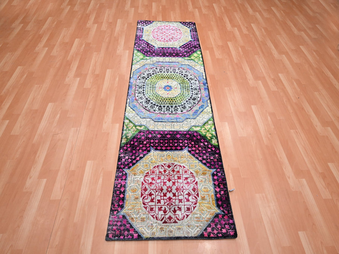 2'8" x 8'1" New Hand Knotted Red Wool & Silk Runner Oriental Rug - MOA10275556
