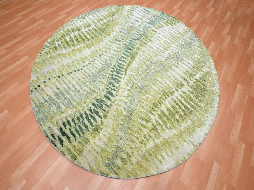 7'11" x 8'0" New Hand Knotted Green Silk Round Oriental Rug - MOA10275558