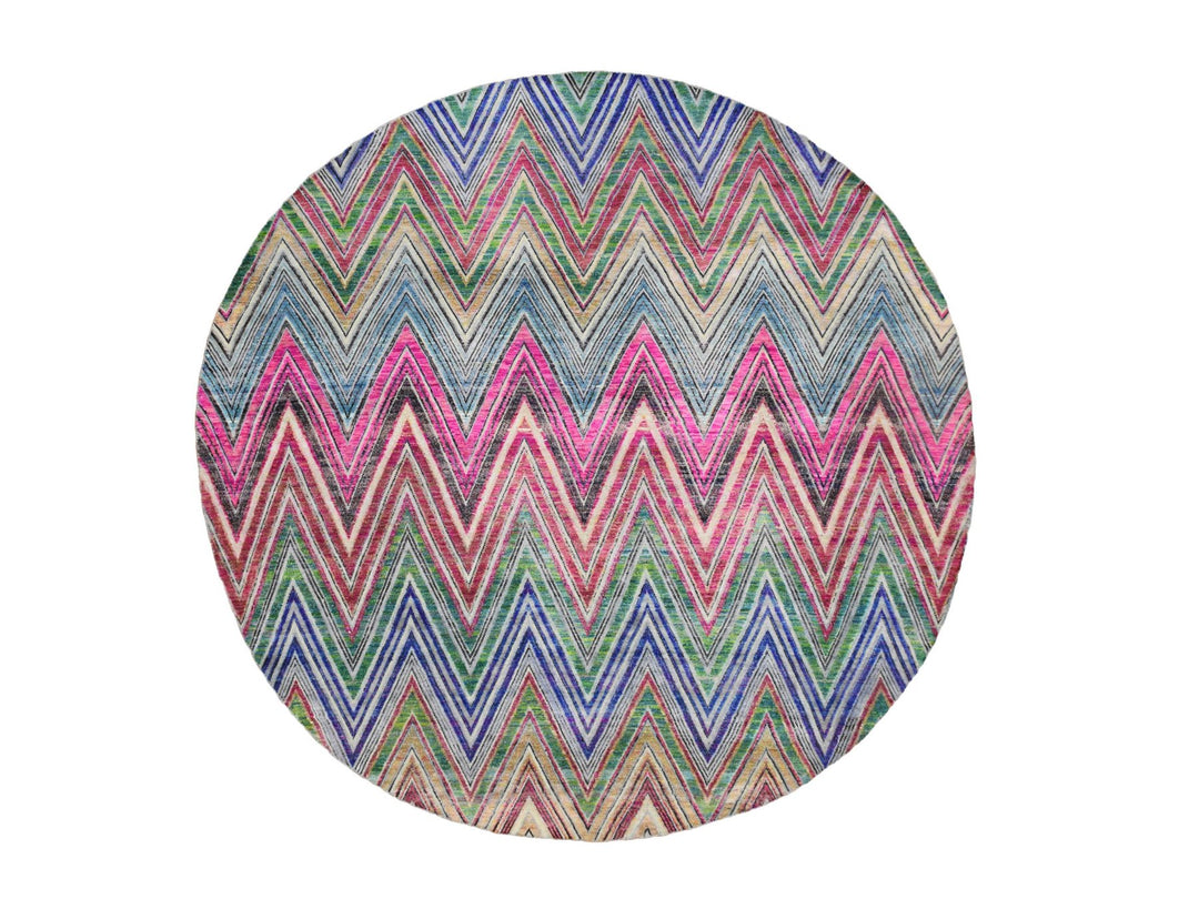 9'8" x 9'10" New Hand Knotted Pink Wool & Silk Round Oriental Rug - MOA10275568