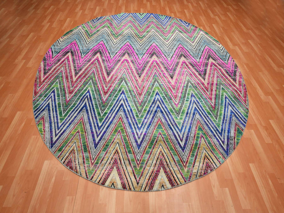 9'8" x 9'10" New Hand Knotted Pink Wool & Silk Round Oriental Rug - MOA10275568