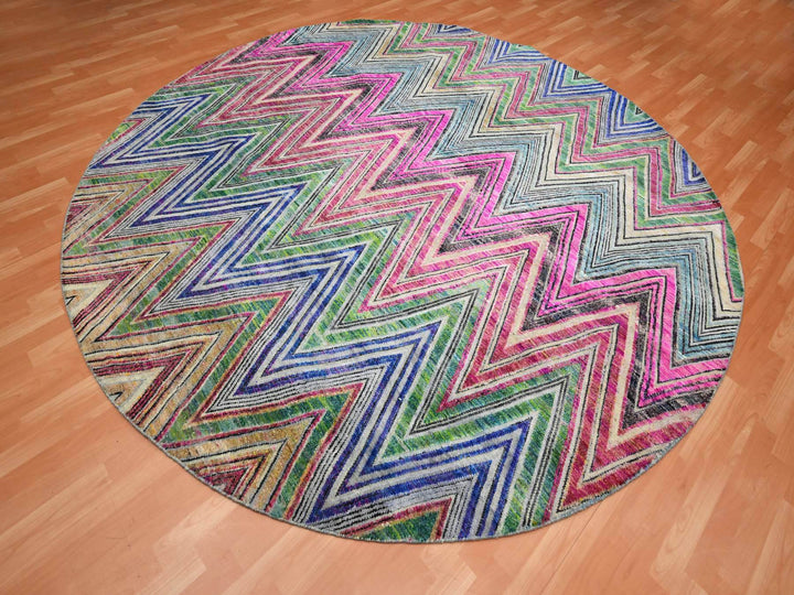 9'8" x 9'10" New Hand Knotted Pink Wool & Silk Round Oriental Rug - MOA10275568