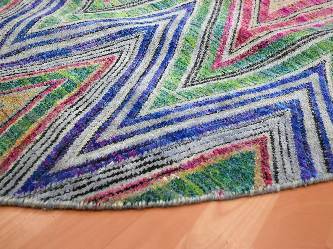 9'8" x 9'10" New Hand Knotted Pink Wool & Silk Round Oriental Rug - MOA10275568