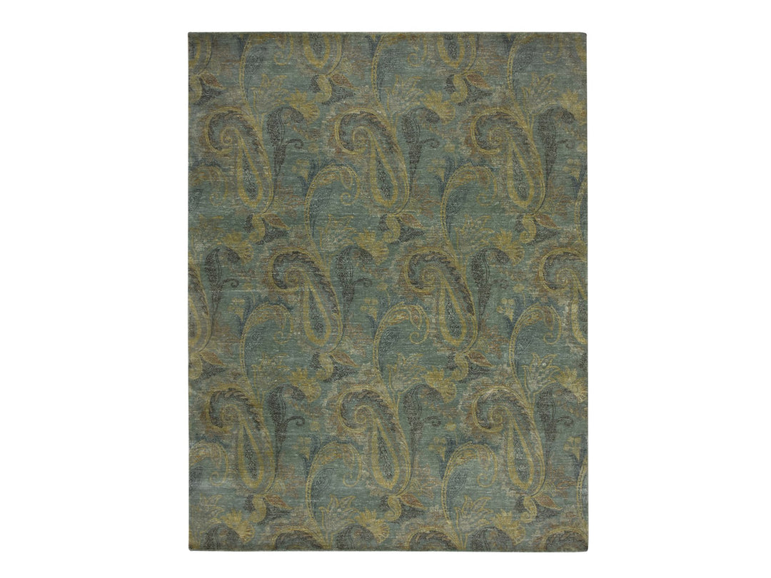 8'11" x 11'8" New Hand Knotted Green Wool & Silk Rectangle Oriental Rug - MOA10275569