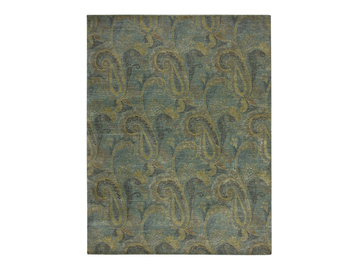 8'11" x 11'8" New Hand Knotted Green Wool & Silk Rectangle Oriental Rug - MOA10275569
