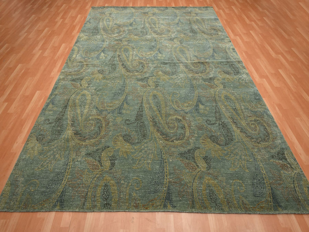 8'11" x 11'8" New Hand Knotted Green Wool & Silk Rectangle Oriental Rug - MOA10275569