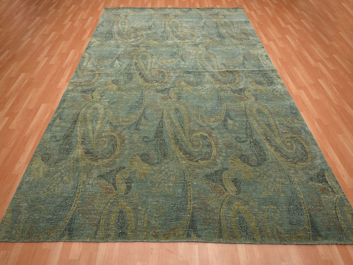 8'11" x 11'8" New Hand Knotted Green Wool & Silk Rectangle Oriental Rug - MOA10275569