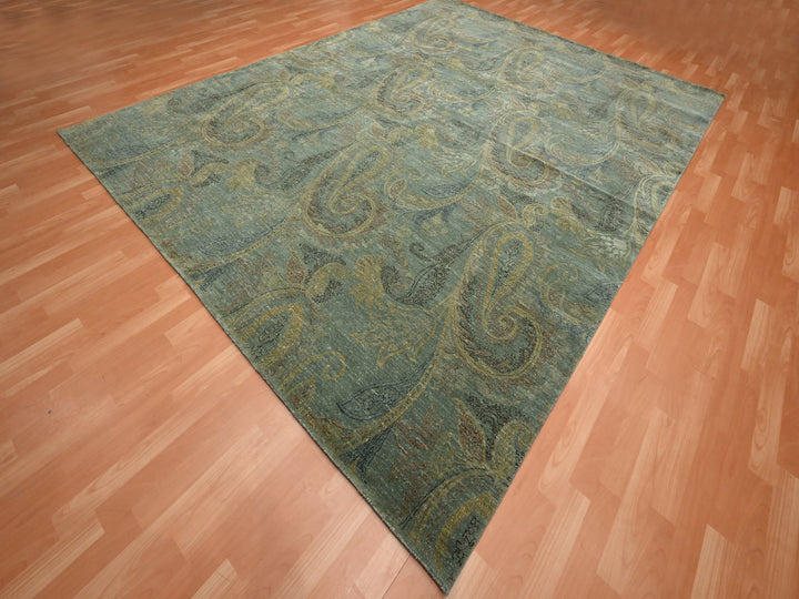 8'11" x 11'8" New Hand Knotted Green Wool & Silk Rectangle Oriental Rug - MOA10275569