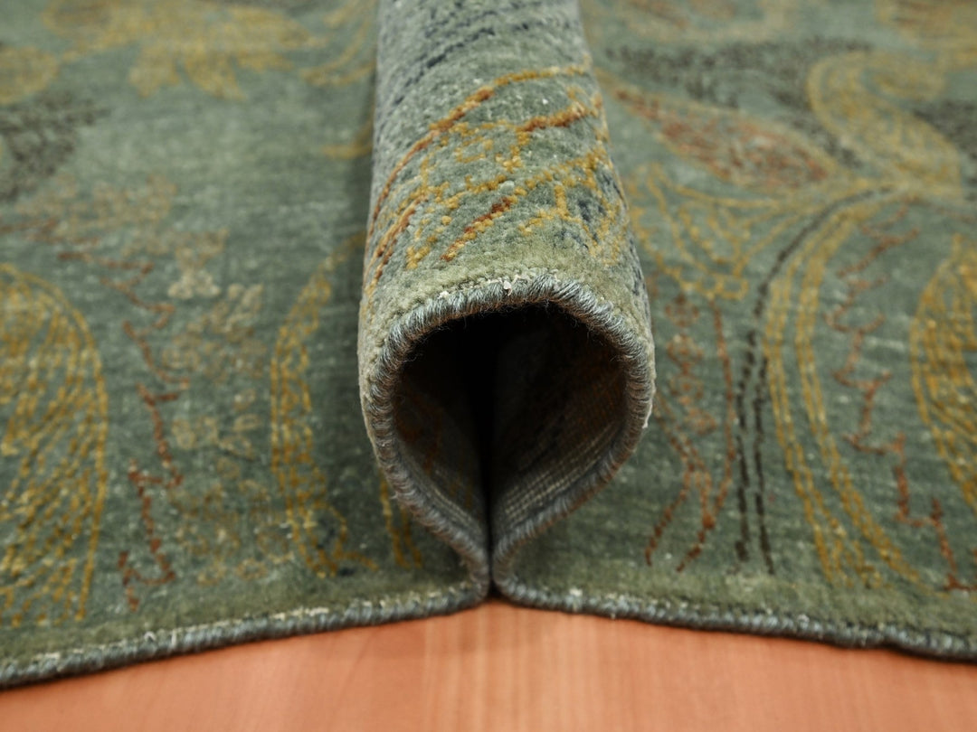 8'11" x 11'8" New Hand Knotted Green Wool & Silk Rectangle Oriental Rug - MOA10275569