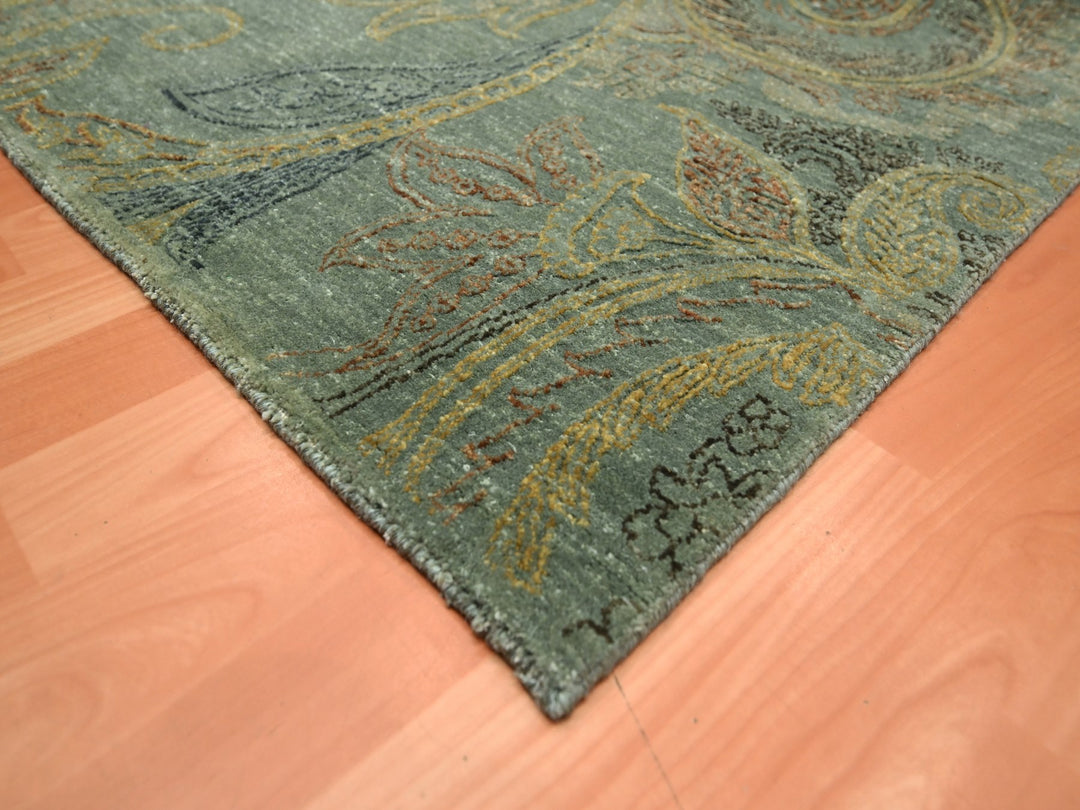 8'11" x 11'8" New Hand Knotted Green Wool & Silk Rectangle Oriental Rug - MOA10275569