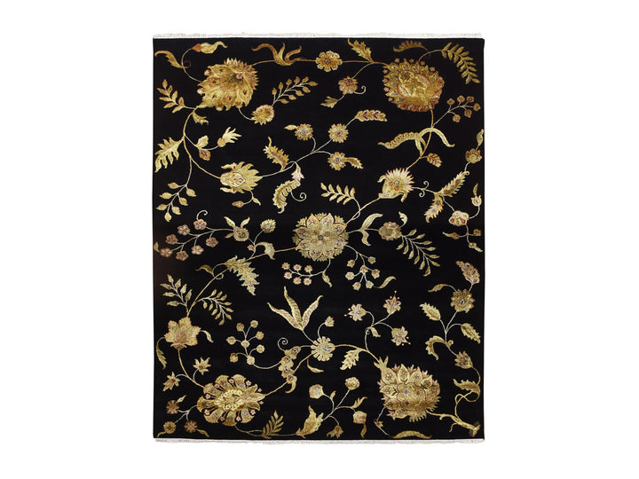8'2" x 9'11" New Hand Knotted Black Wool & Silk Rectangle Oriental Rug - MOA10275580