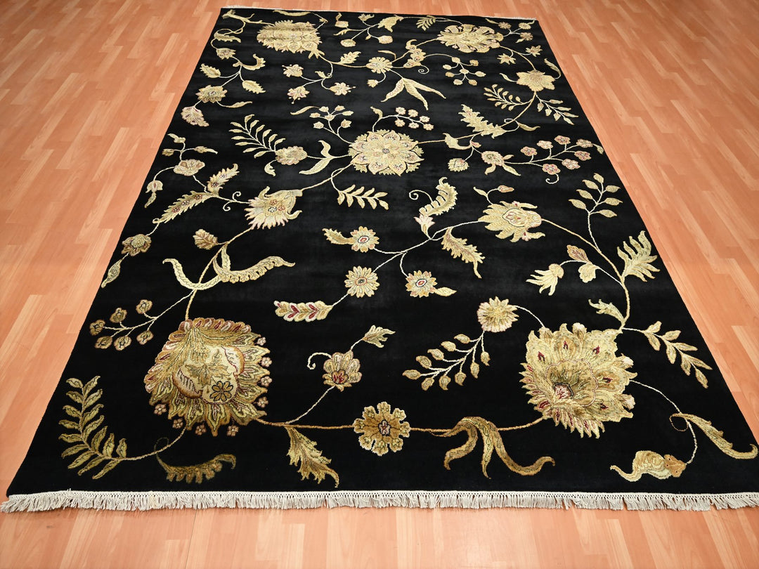 8'2" x 9'11" New Hand Knotted Black Wool & Silk Rectangle Oriental Rug - MOA10275580