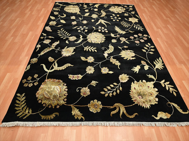 8'2" x 9'11" New Hand Knotted Black Wool & Silk Rectangle Oriental Rug - MOA10275580