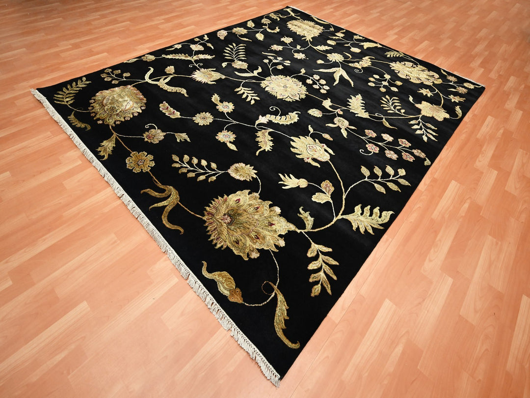 8'2" x 9'11" New Hand Knotted Black Wool & Silk Rectangle Oriental Rug - MOA10275580