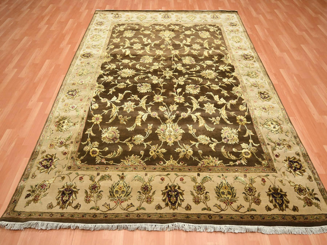 7'10" x 9'11" New Hand Knotted Brown Wool & Silk Rectangle Oriental Rug - MOA10275582