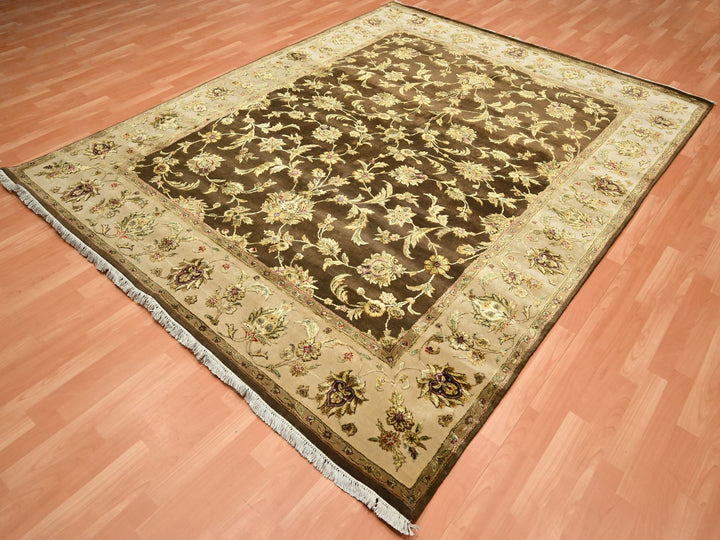 7'10" x 9'11" New Hand Knotted Brown Wool & Silk Rectangle Oriental Rug - MOA10275582