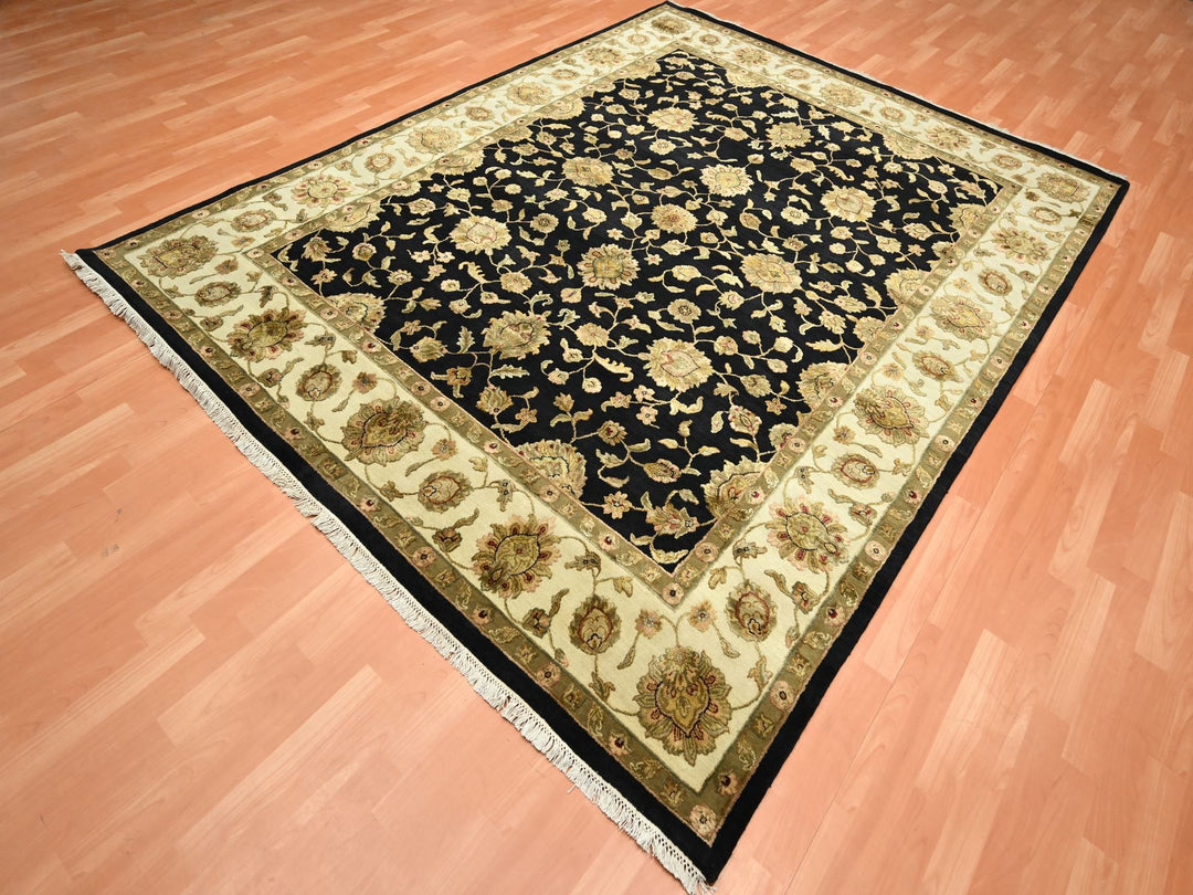 7'9" x 9'11" New Hand Knotted Black Wool & Silk Rectangle Oriental Rug - MOA10275585