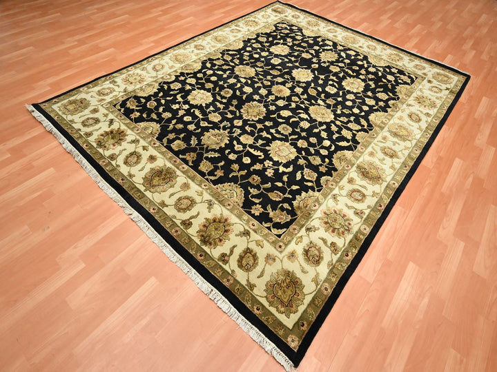 7'9" x 9'11" New Hand Knotted Black Wool & Silk Rectangle Oriental Rug - MOA10275585