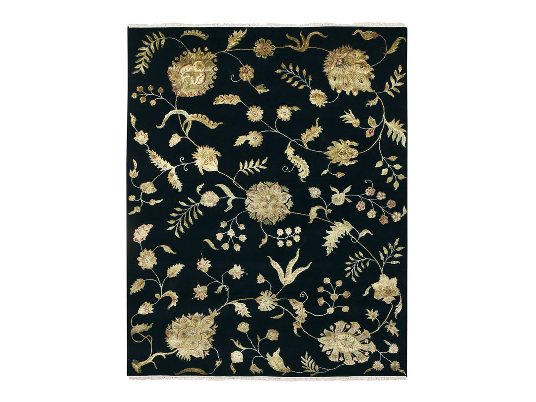 8'0" x 9'11" New Hand Knotted Black Wool & Silk Rectangle Oriental Rug - MOA10275587