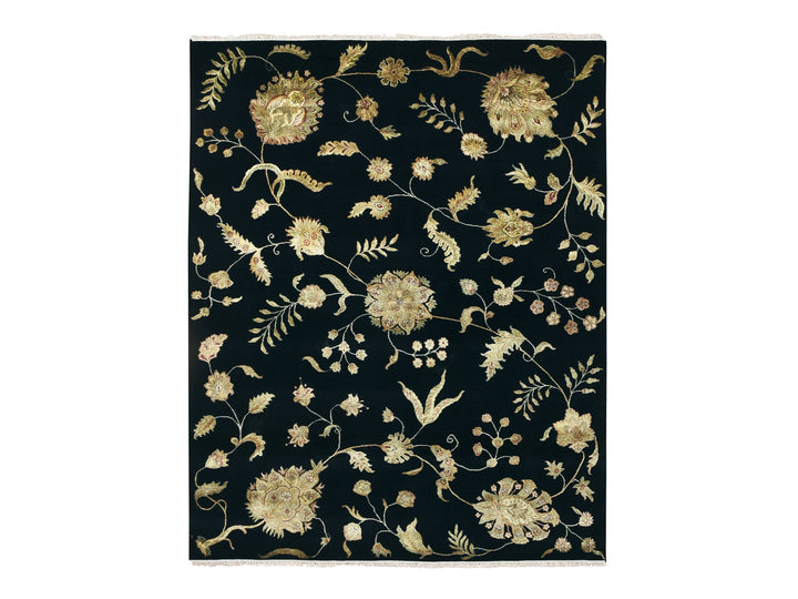 8'0" x 9'11" New Hand Knotted Black Wool & Silk Rectangle Oriental Rug - MOA10275587